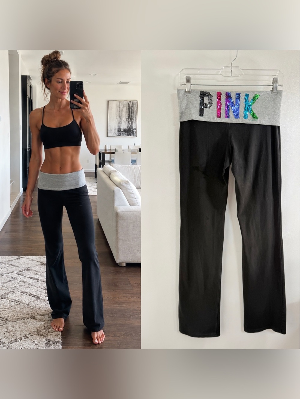 Y2K PINK Victoria's Secret Fold-Over Waist Yoga Pants Size Small - Sequin Logo
